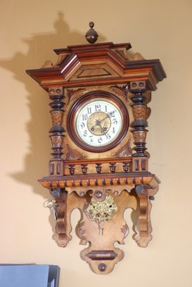 Vintage Carved Wood German Style Wall Clock, Includes A Key