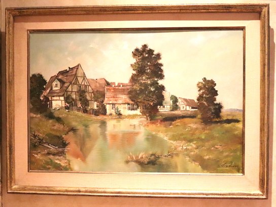 Vintage Landscape Painting With Cottages & Pond Signed Loban In Gold Leaf Frame