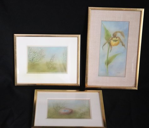 Three Framed Pastel Artwork Signed By The Artist, In Narrow Gold Frames.