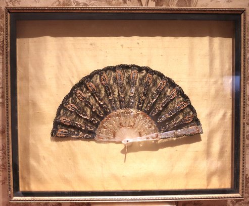 Antique Black Lace Fan With Gold Highlights In Shadow Box Frame