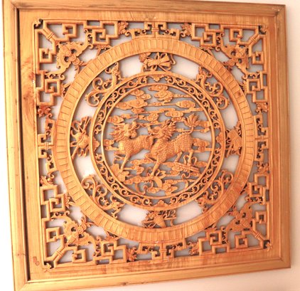Carved Chinese Wood Panel With Longma Dragon Horse & Bats  31.5 Inch Square