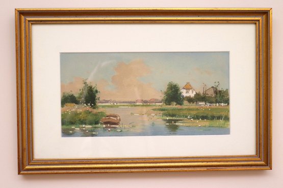 Watercolor Painting Of House With Pond And Trees.