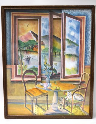 Multimedia Artwork Of Window Onto Bucolic Landscape In Shadowbox Frame Signed John Pierre Weill
