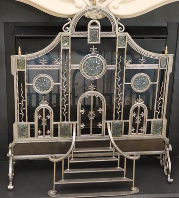 Ornate Wrought Iron Fireplace Screen With Glass Inserts