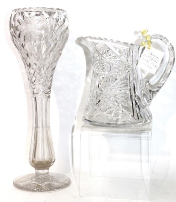 Beautiful Antique American Cut Crystal Water Pitcher & Tall Cut Crystal Vase