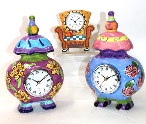 Two Funky Hand Painted Porcelain Quartz Clocks & Hand Painted Chair Clock By Milson & Lewis