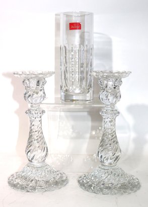 Pair Of Baccarat Crystal Bamboo Swirl Candlesticks & Baccarat Vase