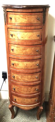 Antique Style Reproduction Burl Wood Lingerie Chest Having An Oval Shape & 7 Drawers