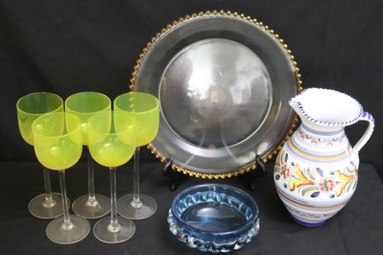 Italian Painted Pitcher, Viterra Blue Glass Bowl, Large Glass Platter With Dot Border And 5 Tall Yellow Wine G