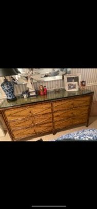 Quality Asian Style Bamboo And Cane Dresser With A Protective Glass Top