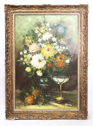 Still Life Painting Of Exuberant Floral Display & Chalice Cup Signed Elvira In Carved Giltwood Frame