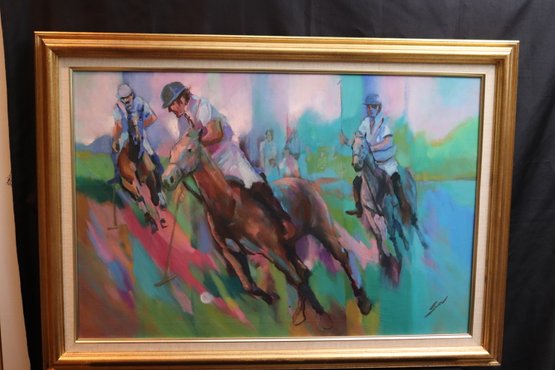 Signed Contemporary Painting Of Polo Players In Gold Frame.
