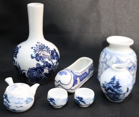 Lot Of Miniature, Blue And White Porcelain Decorative Items.