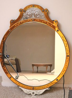 Beautiful Art Deco Round Mirror With Yellow Venetian Glass Incised Border