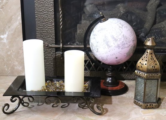 Home Decor Includes A Decorative Lantern, Globe And Tray With Candles And Beaded Accents