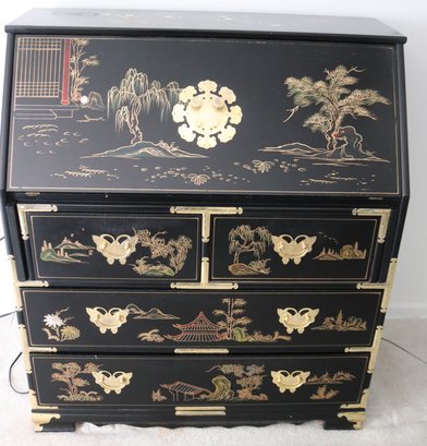 Vintage Chinese Lacquered Secretary Desk With Slanted Drop Front And 4 Drawers.