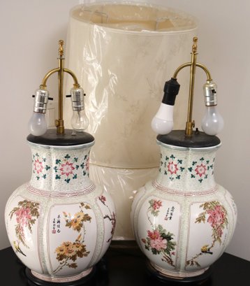 Beautiful Pair Of Asian Floral Design Lamps Signed By Artist On Panels