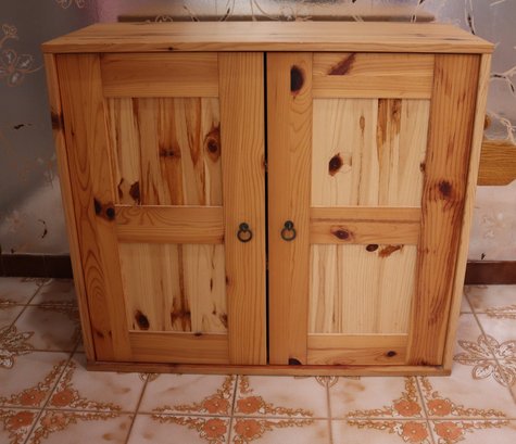 Primitive Pine Storage Cabinet With 2 Doors And Paper Towel Holder.