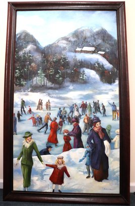 Lovely Painting Depicting Early 20th Century Style Ice Skaters On Mountain Lake, Signed Bazan In Leather