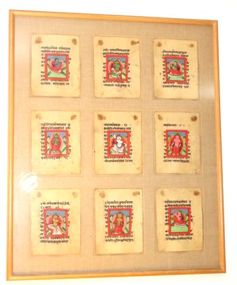 Set Of 9 Vintage/Antique Deity Sanskrit Prints In A Matted Linen Frame