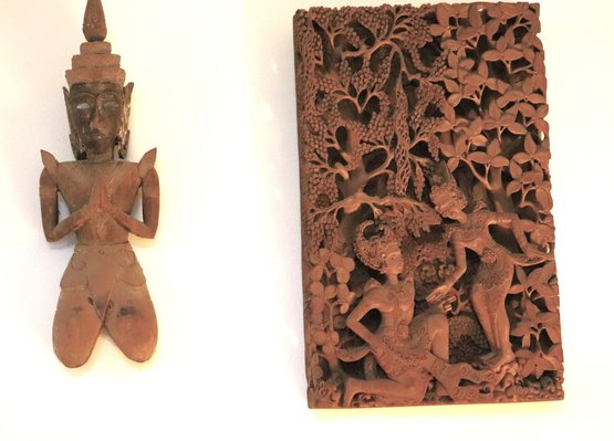 Highly Detailed Carved Wood Scene Of Beautiful Thai Goddess & Carved Wood Sculpture Of Deity In Prayer
