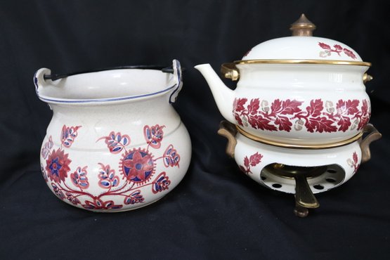 Vintage Villeroy And Boch Asta Enamel Tea Pot With Heater Base And Ceramic Kettle With Iron Handle