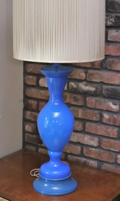 Vintage Tall Blue Opaline Table Lamp With Pleated Silk Shade.