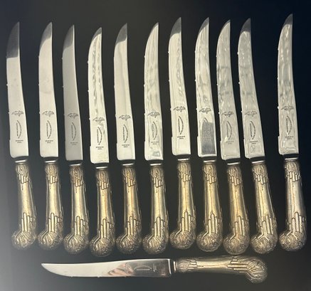 AMBASSAOR CUTLERY MFG CO SET OF 12 VINTAGE SERRATED STEAK KNIVES WITH STERLING SILVER HANDLES