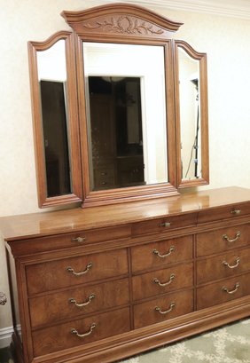 Thomasville Burled French Empire Style Dresser And Mirror Combo With Excellent Storage Space