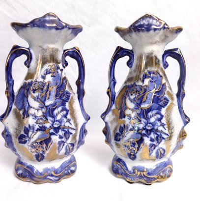 Staffordshire Ironstone Blue White And Gold Victorian Style Porcelain Urns.