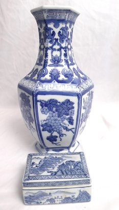 Decorative Blue And White Vase And Porcelain Trinket Box With Painted Mountain Scenery.