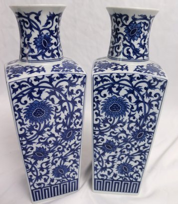 Two Vintage 1960s Cobalt Blue And White Chinoiserie Silk Road Vases Marked Asahi  Made In Japan.