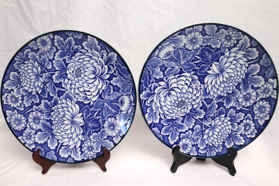 Pair Of Beautiful Blue And White Wall Plates With Chrysanthemums.