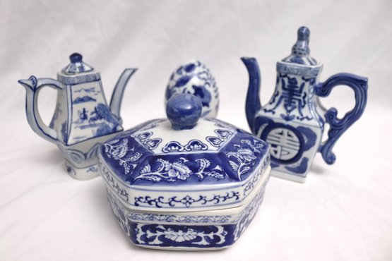 Chinese Inspired Blue And White Tea Pots And Hexagonal Box.