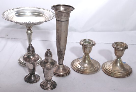 Weighted Sterling Silver As Pictured Including Gorham Filled Candle Holders, Duchin Salt And Pepper Shakers