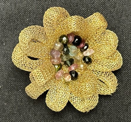 14K YG Pretty Mesh Flower Brooch/Pendant With Rough Cut Semiprecious Center Stones-signed Italy