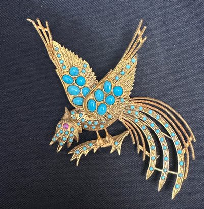 18K YG Gorgeous Brooch Of Legendary Phoenix With Turquoise Cabuchons And Ruby Eye-really Spectacular