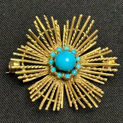 18K YG Lovely Starburst Brooch Pin With Turquoise Cabuchon Center Stone Surrounded By Turquoise Seed Pearls