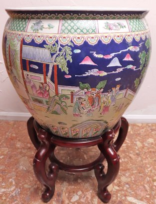 Beautiful Large Fish Bowl Planter On Wooden Stand With Landscape Scenes From Chinese  Court.