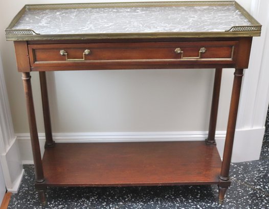 Louis XVI Style Dessert Console With A Gray Marble Stone Top And Gallery Rail Accent