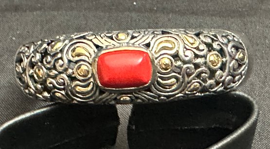 18K YG/925 Finely Crafted Heavy Open Bangle Bracelet With Rich Coral Stone