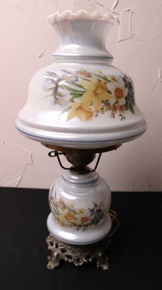 Glass Hurricane Lamp With Painted Spring Flowers.