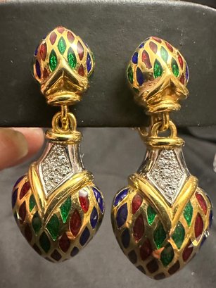 18k YG/WG Pair Of Multicolor Enamel And Diamond Earrings