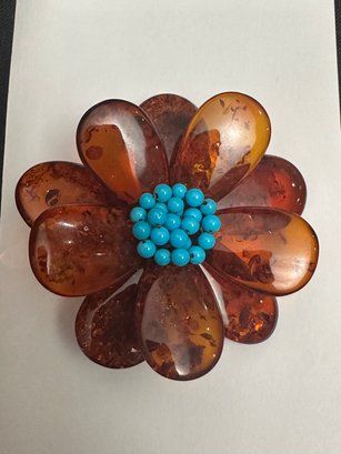 Amber Daisy Brooch Pin With Turquoise Beads