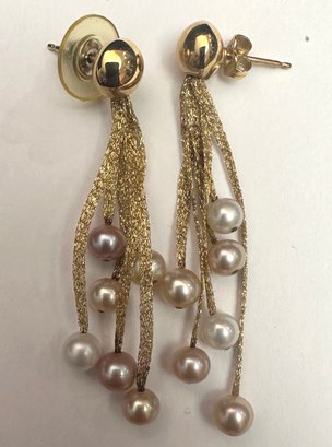 18K YG Pair Of Pearl Earrings Dangling On Gold Mesh Ribbons Of Different Lengths-signed Italy