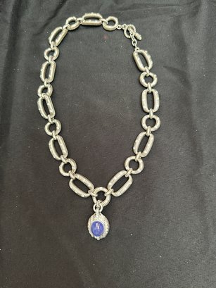 Sterling Silver Judith Ripka 2 Inch Heavy Mixed Link Necklace With Faux Diamonds And Blue Moonstone Pendant