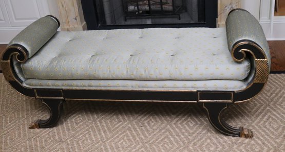 Marge Carson Inc Regency Style Black Lacquered Rolled Arm Bench With Gold Painted Highlights, Custom Scarab St