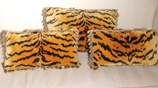 Set Of 3 Tiger Print Accent Pillows With A Velour Like Fabric And Cute Tassel Accents