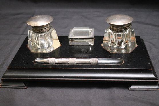 Vintage Inkwell Desk Accessories With Monogram And Sterling Silver Lids