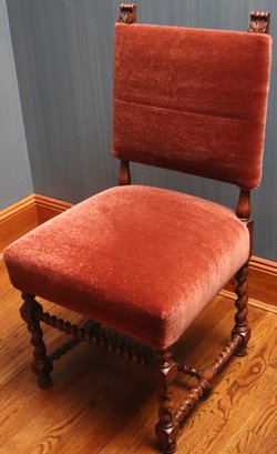 Vintage Renaissance Revival Wood Chair With Barley Twist Design And A Velour Like Fabric